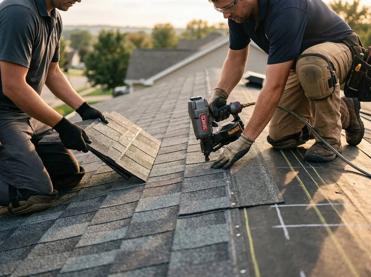 Professional roofer working on a residential roof in Falls